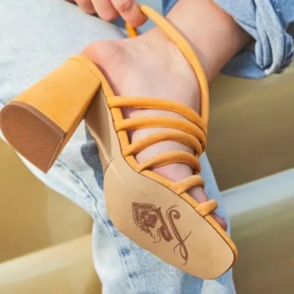 Free People strapped cinched block heel sandals. Leather. Caged style. Yellow 36